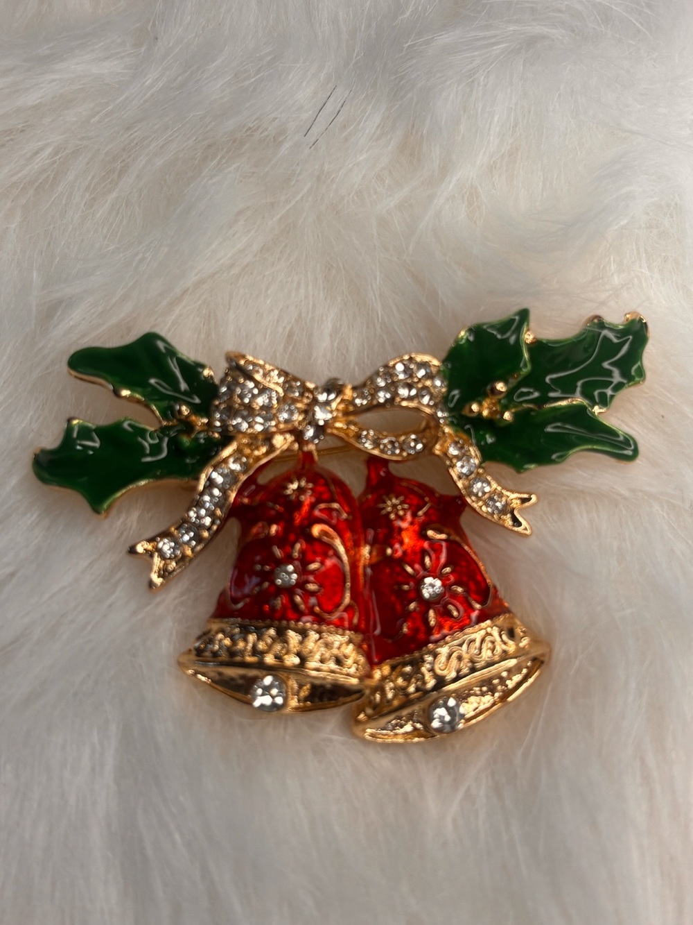Christmas Bells Brooch Red Green Enamel Rhinestone Holiday Pin